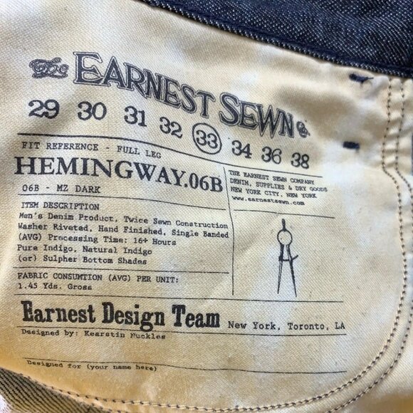 Earnest Sewn Jeans Mens 33x33 Hemingway Straight Full Leg Jeans - Picture 3 of 8